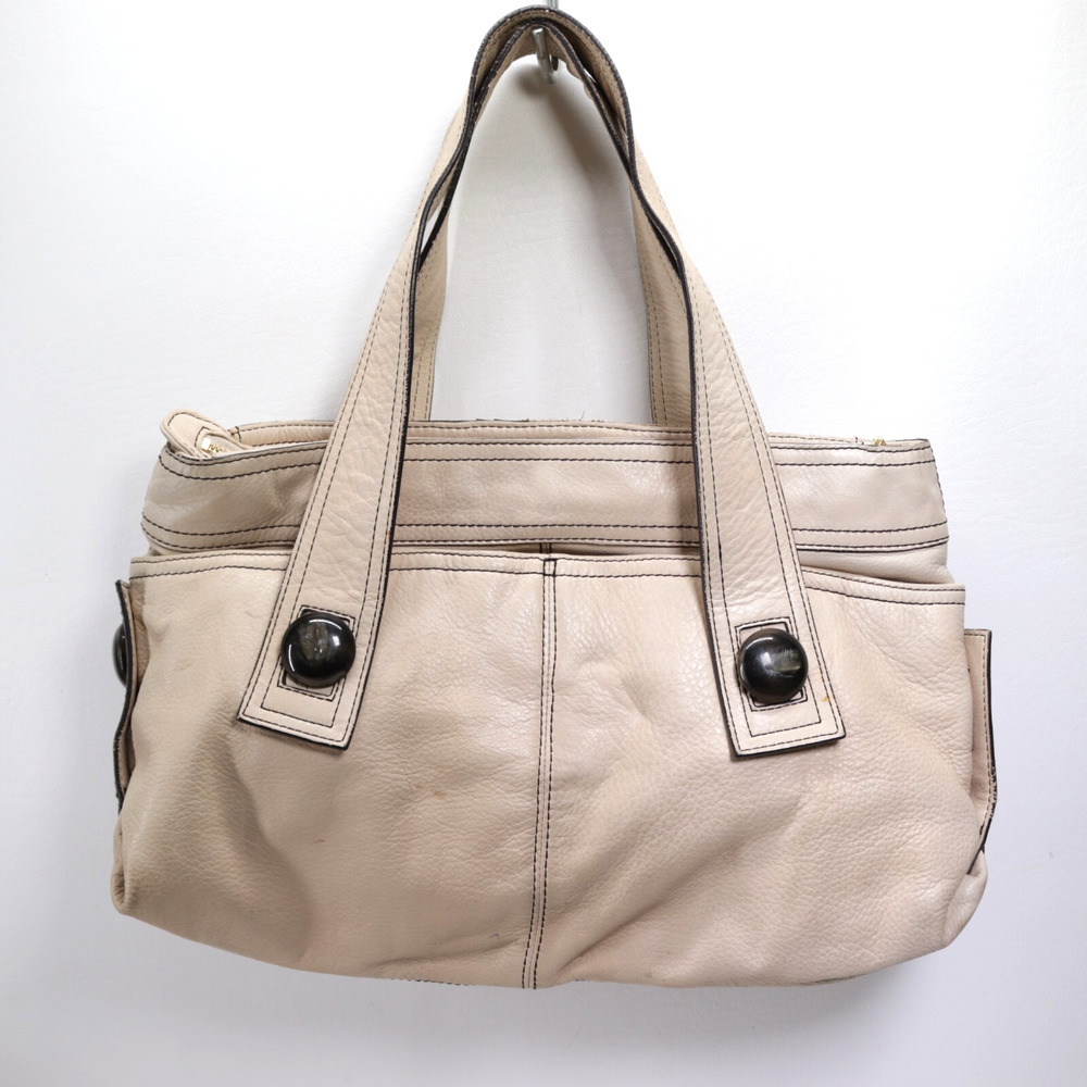 Kooba Handbag Large Ivory Pebble Leather Lined Purse Shoulder Tote Buttons Bag